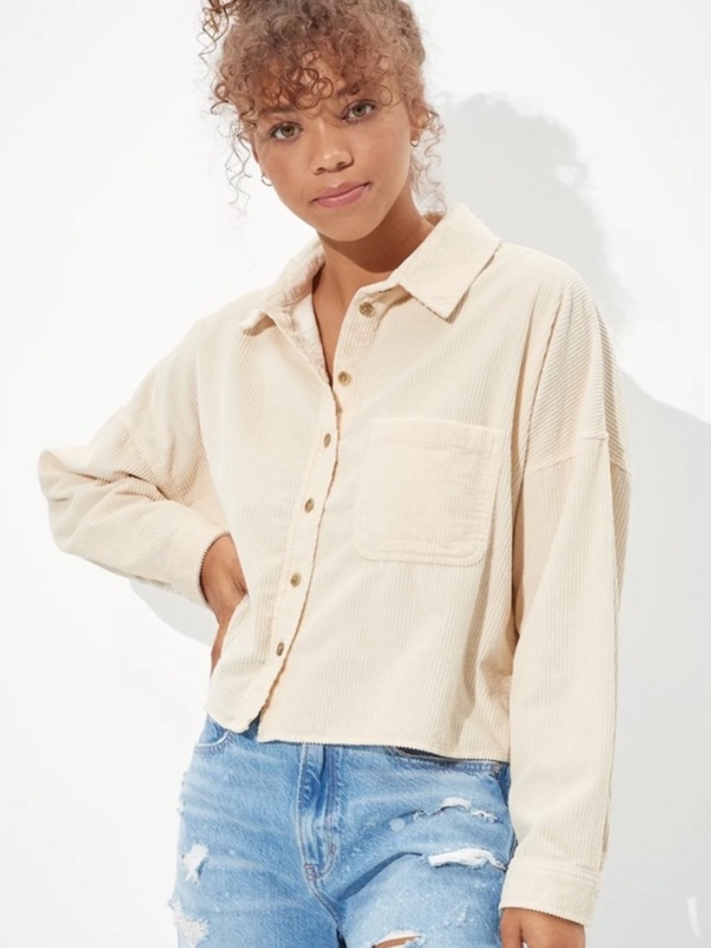 American Eagle Outfitters Beige Cropped Corduroy Button-Down Shirt